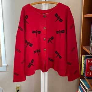 Red Cotton Ad Libz Sweatshirt Jacket with Black Dragonflies